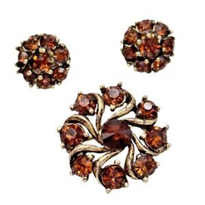 Vintage Topaz Citrine Rhinestone in Gold Brooch and Earring Set